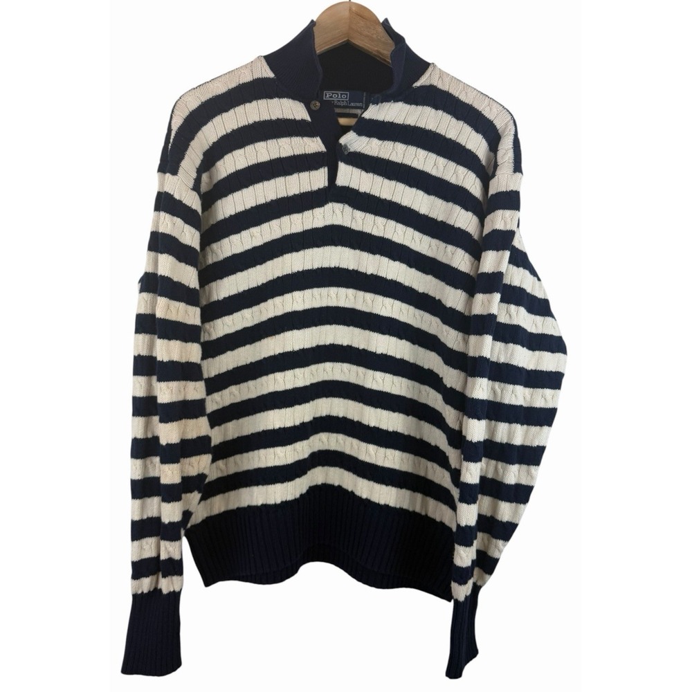 Polo‎ Ralph Lauren Striped Pullover Navy/Cream White Men's M Medium Preppy VTG
